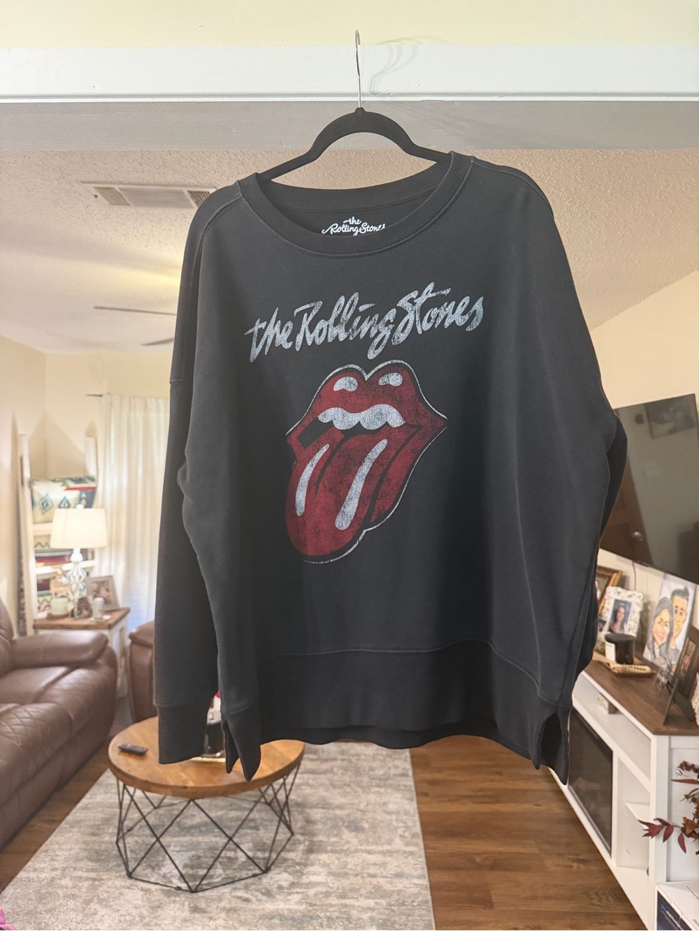 The Rolling Stones Black Crewneck with Red Tongue Graphic